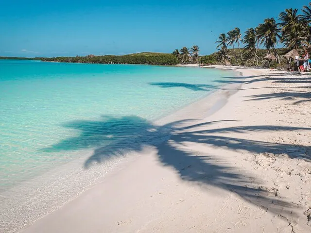 White sandy beach with turquoise water and palm trees shadow