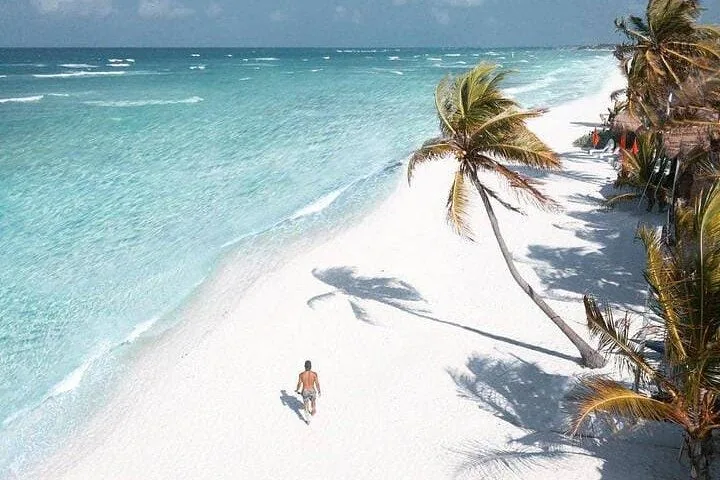 Una persona caminando por una playa de arena blanca junto a aguas azules cristalinas y palmeras.