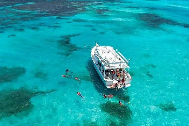 Personas haciendo esnórquel en aguas azules cristalinas alrededor de un barco de excursión blanco